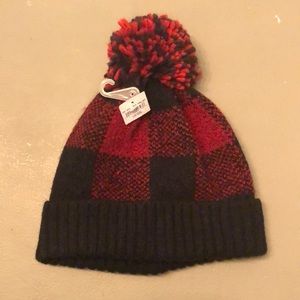 American Eagle red and black plaid winter cap with pompon.